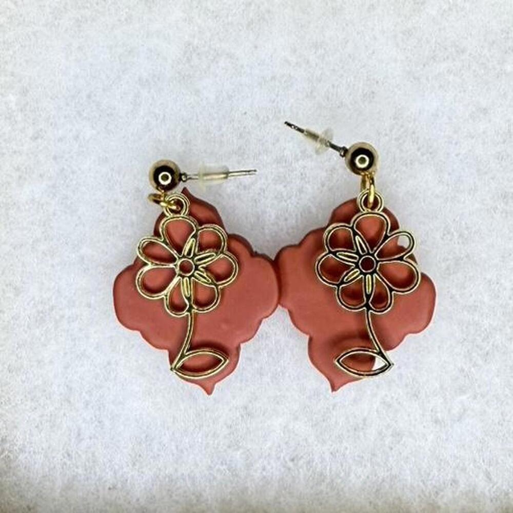 Handmade Clay Flower Dangle Earrings - Terracotta & Gold